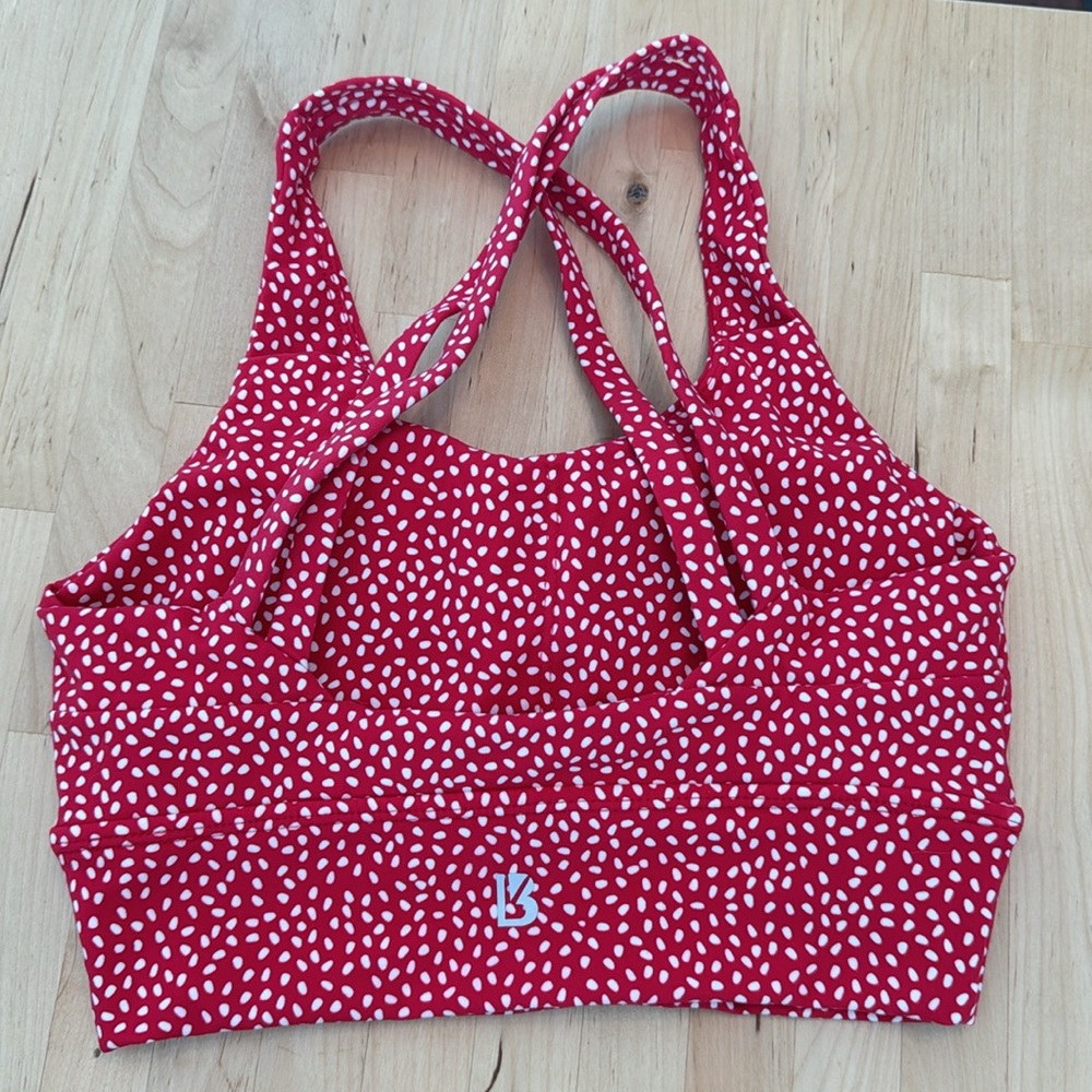 EUC Buffbunny Salsa Red Bossy Print Rosa Sports Bra SIZE XS RED AND WHITE